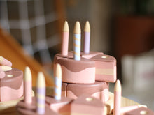 Load image into Gallery viewer, Seconds Wooden birthday cake hand carved and hand painted - with stand and knife 10pce set